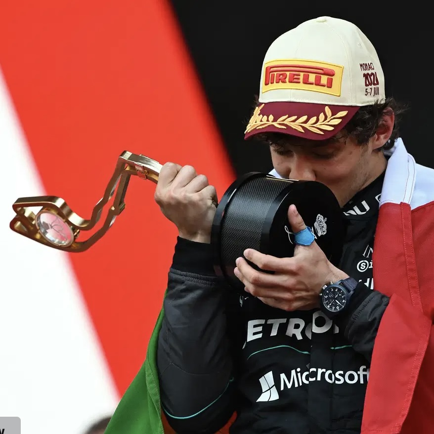 Kimi Antonelli with the Monaco Grand Prix first-place trophy